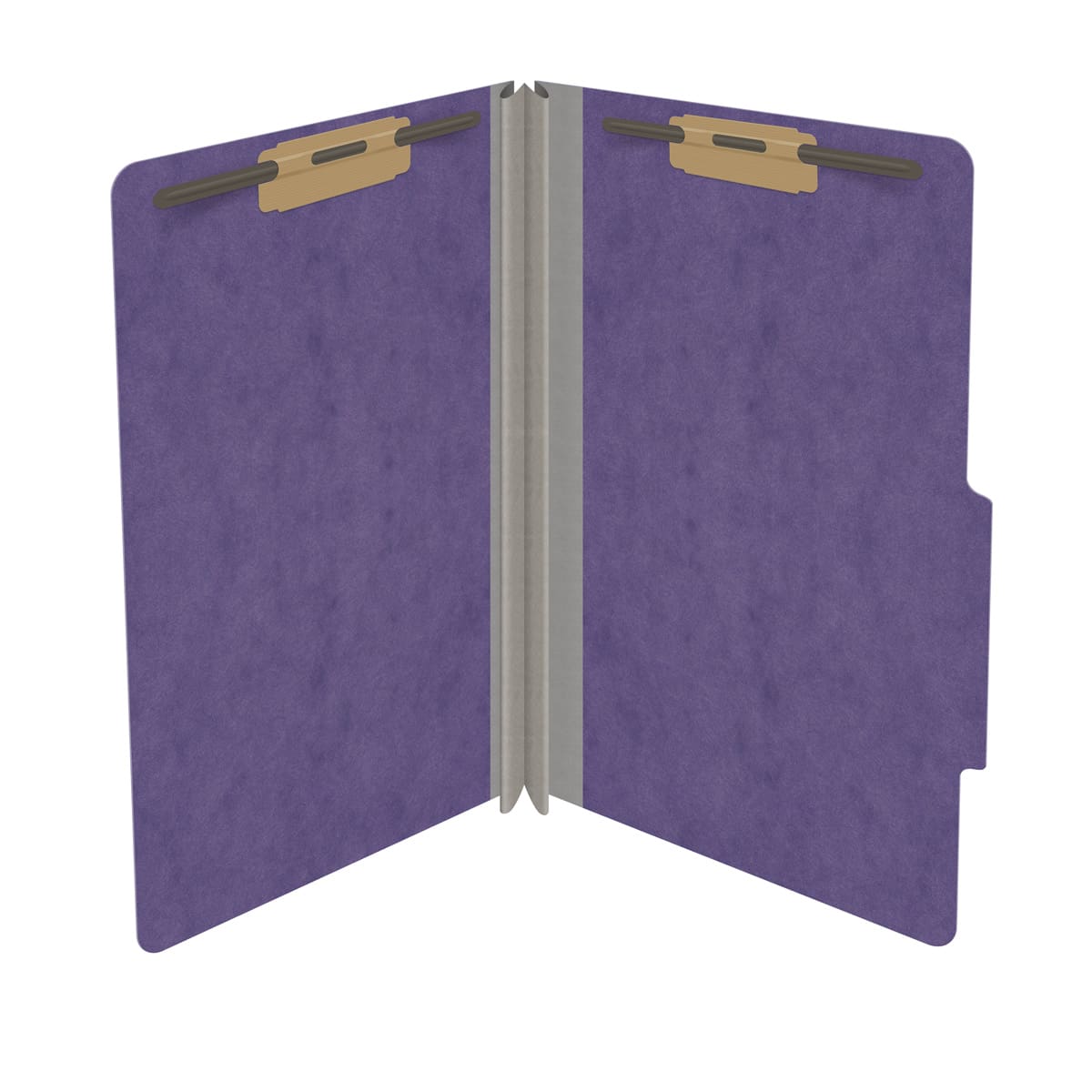 Purple legal size top tab classification folder with 2" gray tyvek expansion and 2" bonded fasteners on inside front and inside back. 25 pt type 3 pressboard stock. Packaged 25/125.
