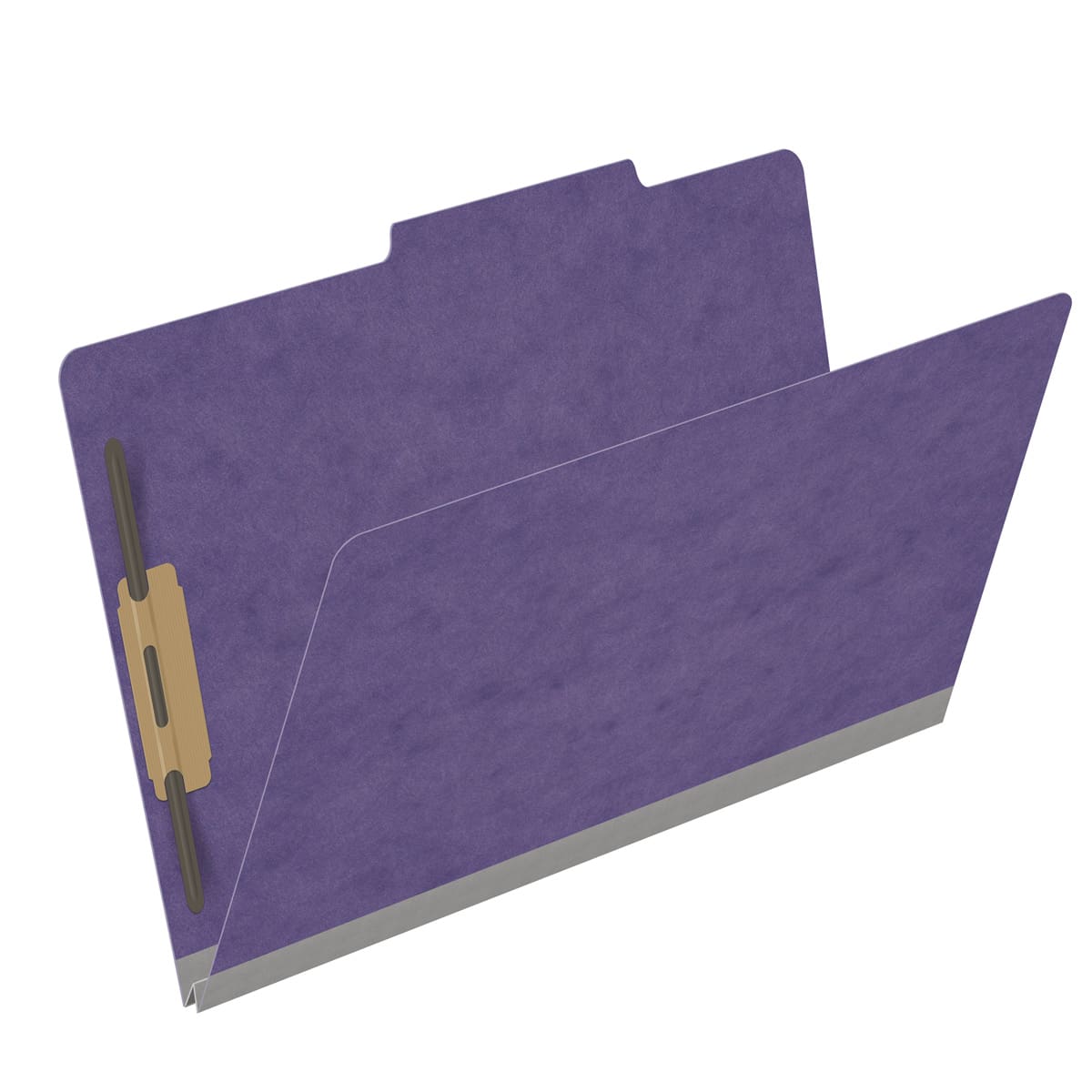Purple legal size top tab classification folder with 2" gray tyvek expansion and 2" bonded fasteners on inside front and inside back. 25 pt type 3 pressboard stock. Packaged 25/125.