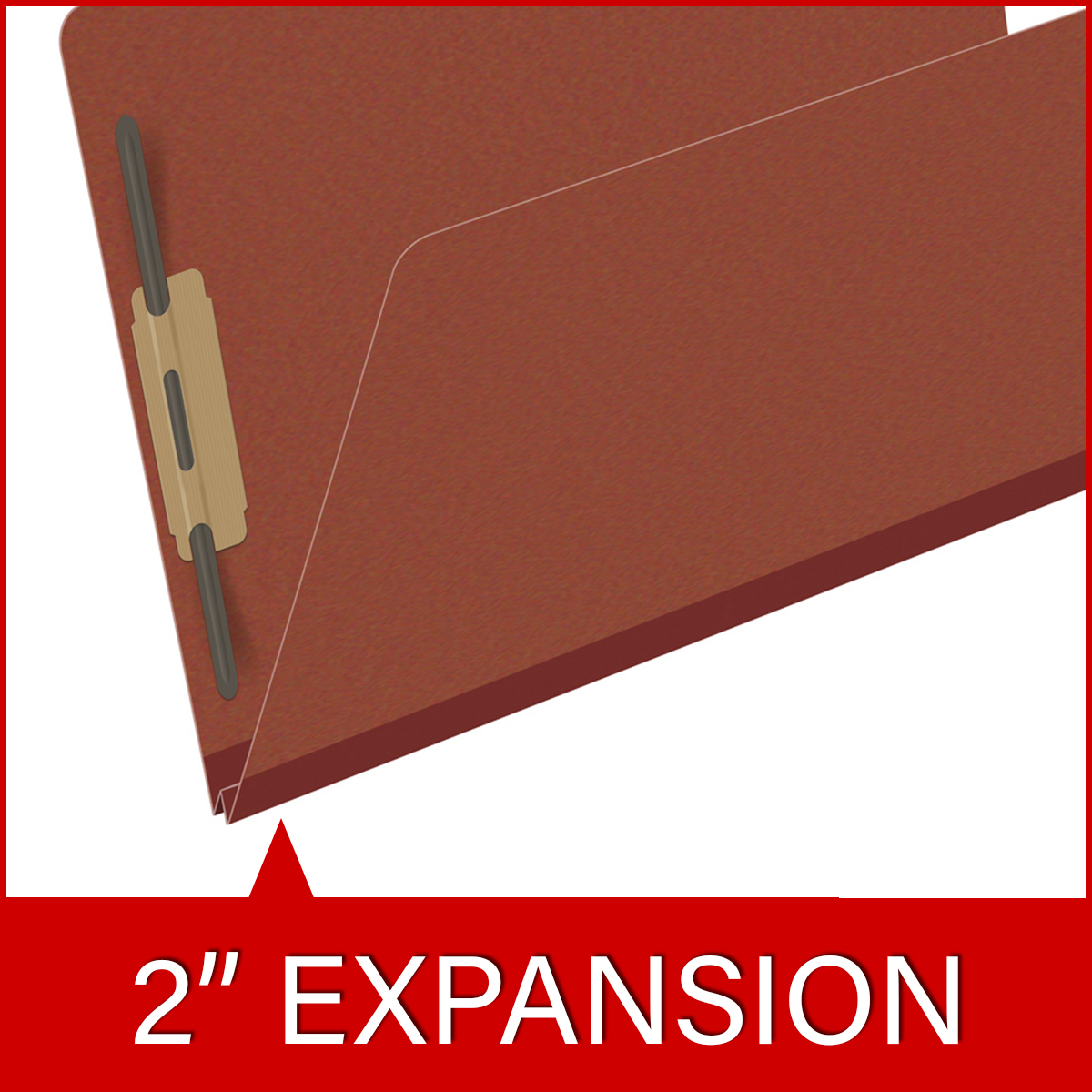 Red legal size top tab classification folder with 2" russet brown tyvek expansion and 2" bonded fasteners on inside front and inside back. 25 pt type 3 pressboard stock. Packaged 25/125.
