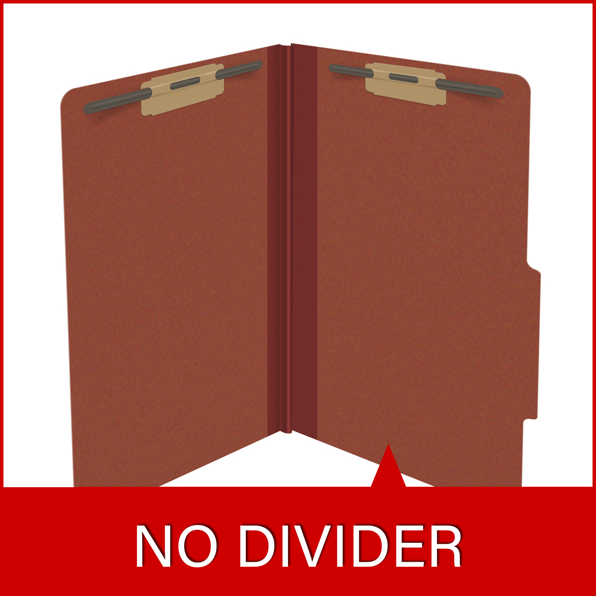 Red legal size top tab classification folder with 2" russet brown tyvek expansion and 2" bonded fasteners on inside front and inside back. 25 pt type 3 pressboard stock. Packaged 25/125.