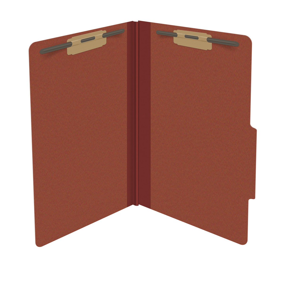 Red legal size top tab classification folder with 2" russet brown tyvek expansion and 2" bonded fasteners on inside front and inside back. 25 pt type 3 pressboard stock. Packaged 25/125.