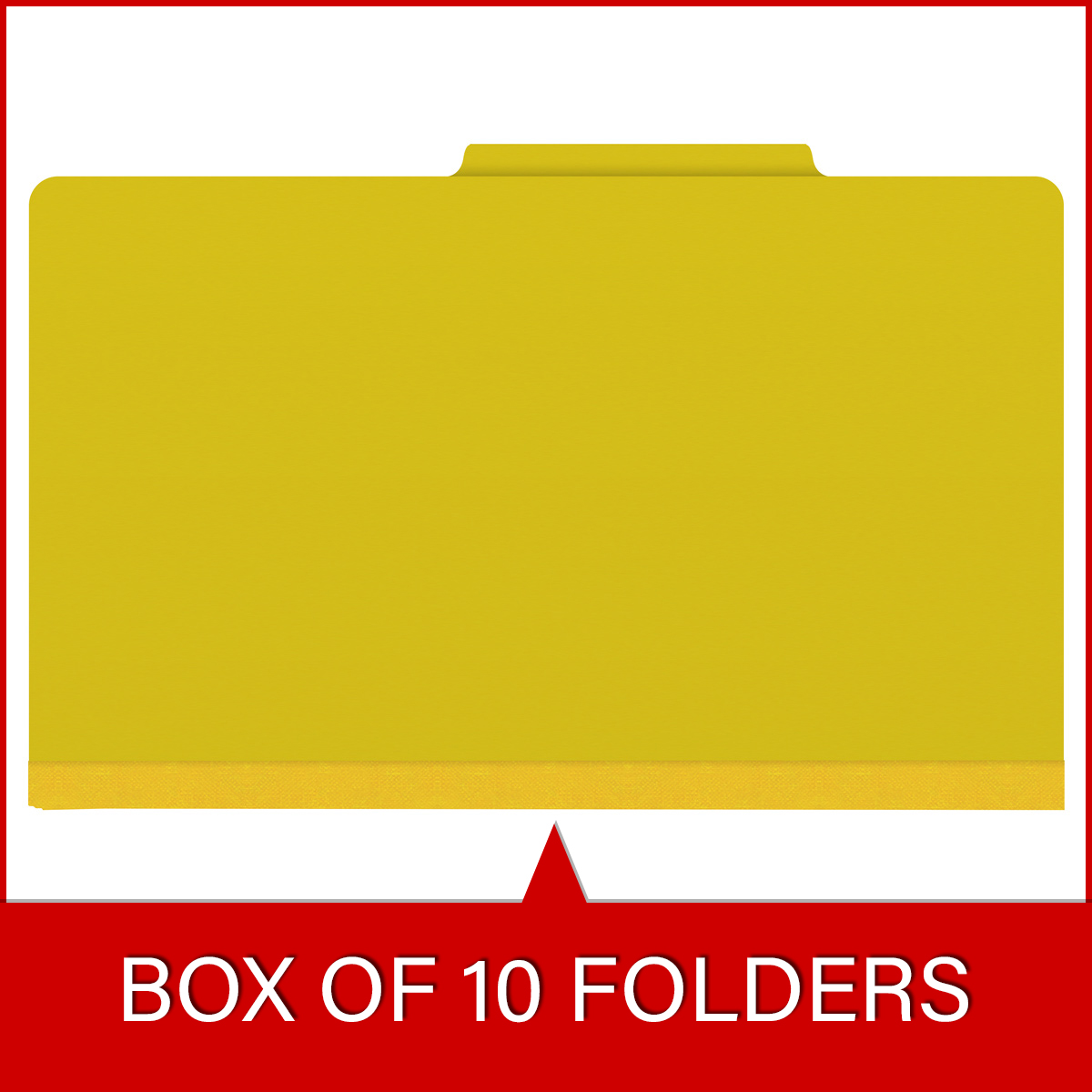 Yellow legal size top tab classification folder with 2" lemon yellow tyvek expansion and 2" bonded fasteners on inside front and inside back. 25 pt type 3 pressboard stock. Packaged 25/125.