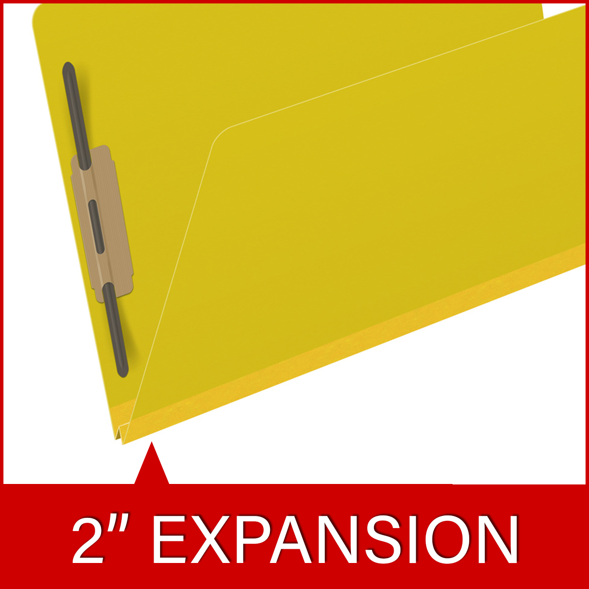 Yellow legal size top tab classification folder with 2" lemon yellow tyvek expansion and 2" bonded fasteners on inside front and inside back. 25 pt type 3 pressboard stock. Packaged 25/125.