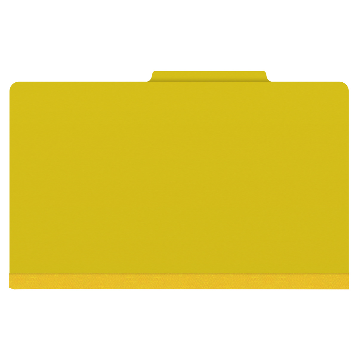 Yellow legal size top tab classification folder with 2" lemon yellow tyvek expansion and 2" bonded fasteners on inside front and inside back. 25 pt type 3 pressboard stock. Packaged 25/125.
