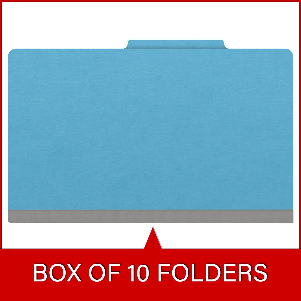 Blue legal size top tab classification folder with 2" gray tyvek expansion, with 2" bonded fasteners on inside front and inside back and 1" duo fastener on divider. 18 pt. paper stock and 17 pt brown kraft dividers. Packaged 10/50.