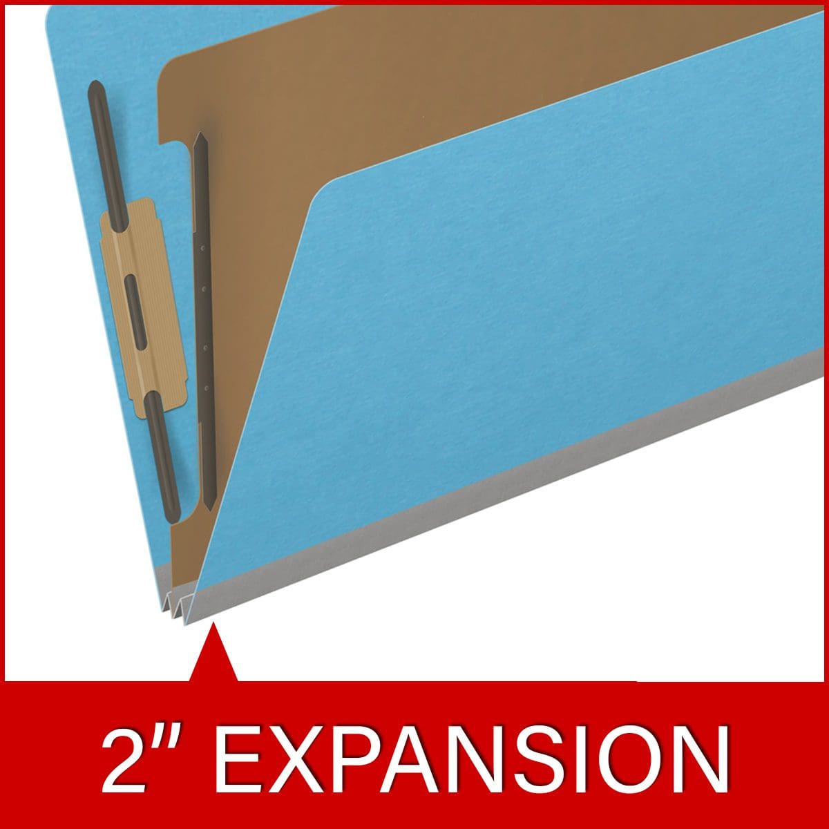 Blue legal size top tab classification folder with 2" gray tyvek expansion, with 2" bonded fasteners on inside front and inside back and 1" duo fastener on divider. 18 pt. paper stock and 17 pt brown kraft dividers. Packaged 10/50.