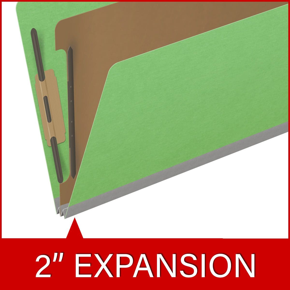 Green legal size top tab classification folder with 2" gray tyvek expansion, with 2" bonded fasteners on inside front and inside back and 1" duo fastener on divider. 18 pt. paper stock and 17 pt brown kraft dividers, 10/Box