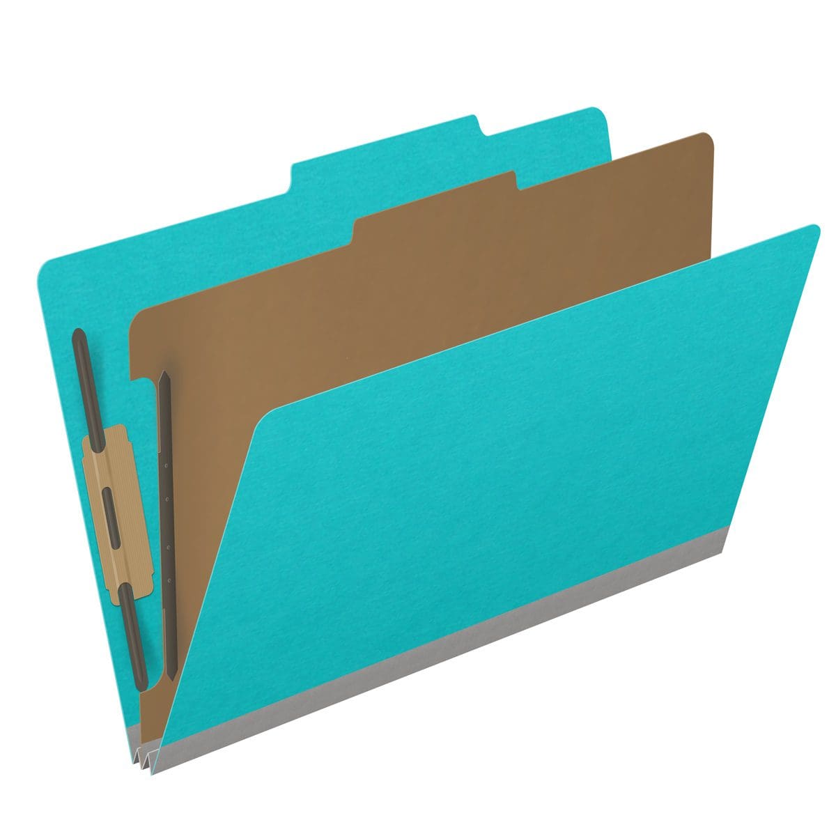 Light blue legal size top tab classification folder with 2" gray tyvek expansion, with 2" bonded fasteners on inside front and inside back and 1" duo fastener on divider. 18 pt. paper stock and 17 pt brown kraft dividers. Packaged 10/50.