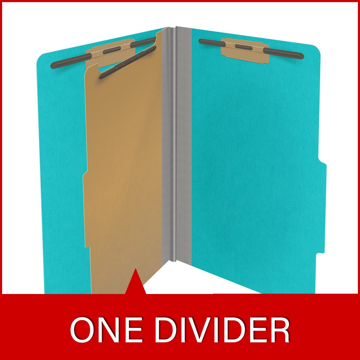 Light blue legal size top tab classification folder with 2" gray tyvek expansion, with 2" bonded fasteners on inside front and inside back and 1" duo fastener on divider. 18 pt. paper stock and 17 pt brown kraft dividers. Packaged 10/50.