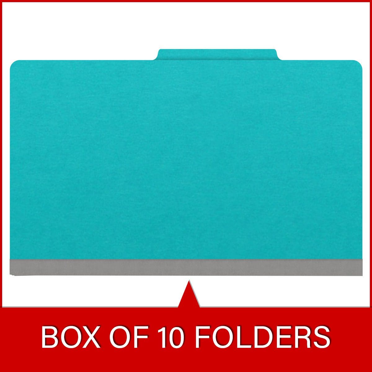 Light blue legal size top tab classification folder with 2" gray tyvek expansion, with 2" bonded fasteners on inside front and inside back and 1" duo fastener on divider. 18 pt. paper stock and 17 pt brown kraft dividers. Packaged 10/50.