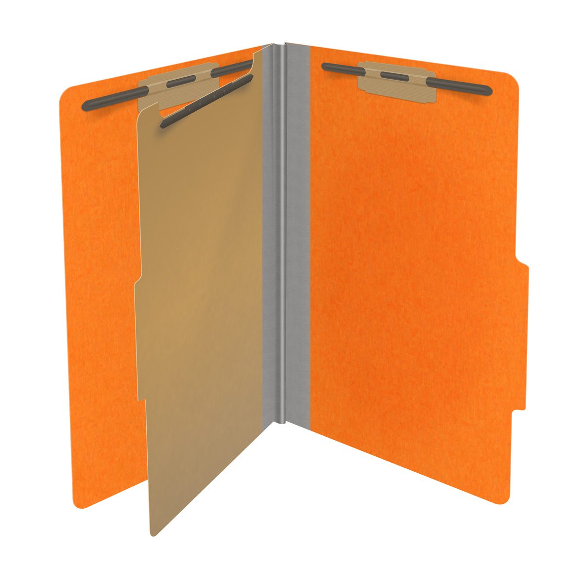 Orange legal size top tab classification folder with 2" gray tyvek expansion, with 2" bonded fasteners on inside front and inside back and 1" duo fastener on divider. 18 pt. paper stock and 17 pt brown kraft dividers, 10/Box