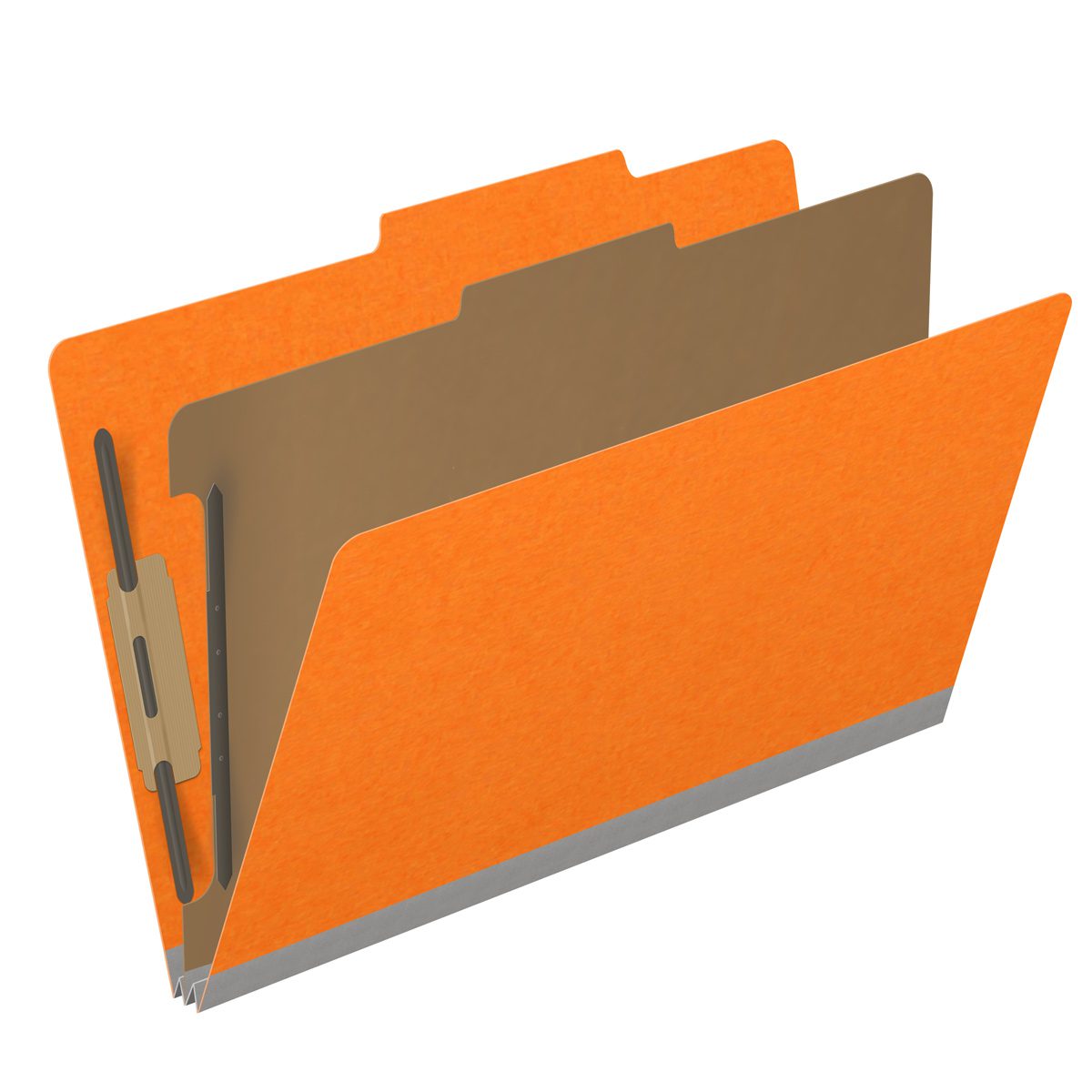 Orange legal size top tab classification folder with 2" gray tyvek expansion, with 2" bonded fasteners on inside front and inside back and 1" duo fastener on divider. 18 pt. paper stock and 17 pt brown kraft dividers. Packaged 10/50.