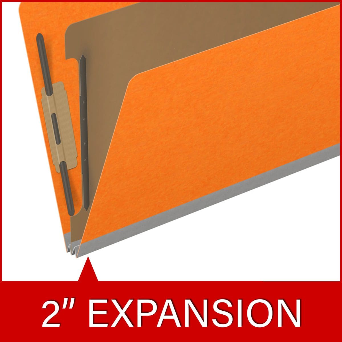 Orange legal size top tab classification folder with 2" gray tyvek expansion, with 2" bonded fasteners on inside front and inside back and 1" duo fastener on divider. 18 pt. paper stock and 17 pt brown kraft dividers. Packaged 10/50.