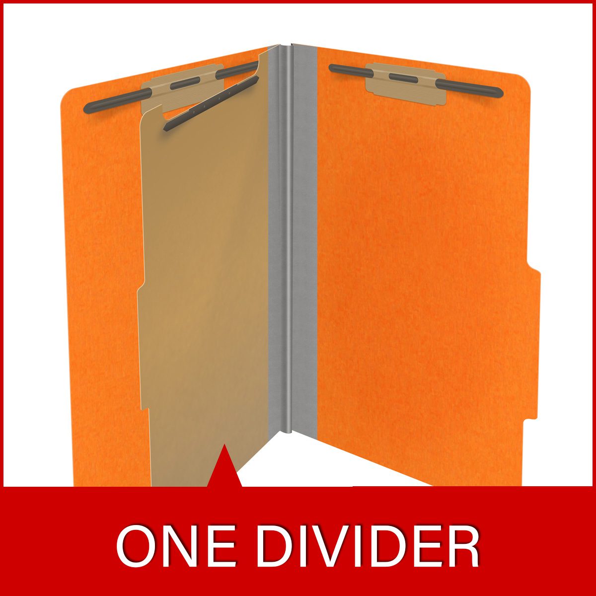 Orange legal size top tab classification folder with 2" gray tyvek expansion, with 2" bonded fasteners on inside front and inside back and 1" duo fastener on divider. 18 pt. paper stock and 17 pt brown kraft dividers. Packaged 10/50.