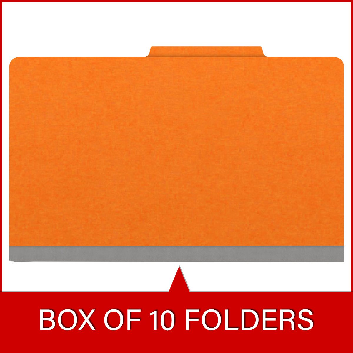 Orange legal size top tab classification folder with 2" gray tyvek expansion, with 2" bonded fasteners on inside front and inside back and 1" duo fastener on divider. 18 pt. paper stock and 17 pt brown kraft dividers. Packaged 10/50.