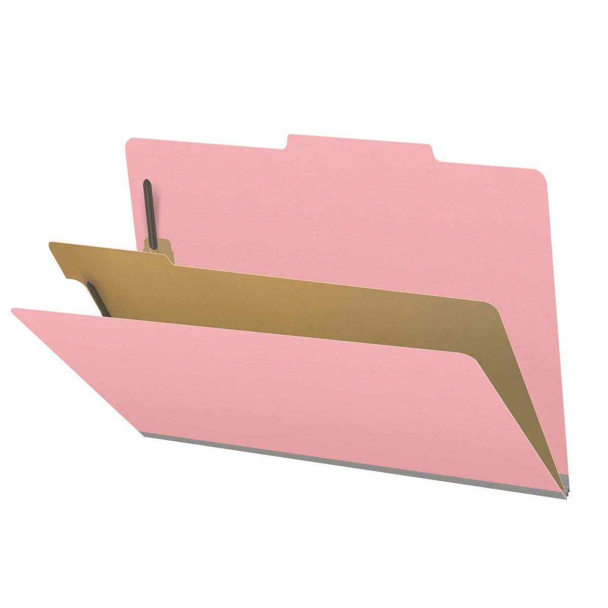 Pink legal size top tab classification folder with 2" gray tyvek expansion, with 2" bonded fasteners on inside front and inside back and 1" duo fastener on divider. 18 pt. paper stock and 17 pt brown kraft dividers, 10/Box