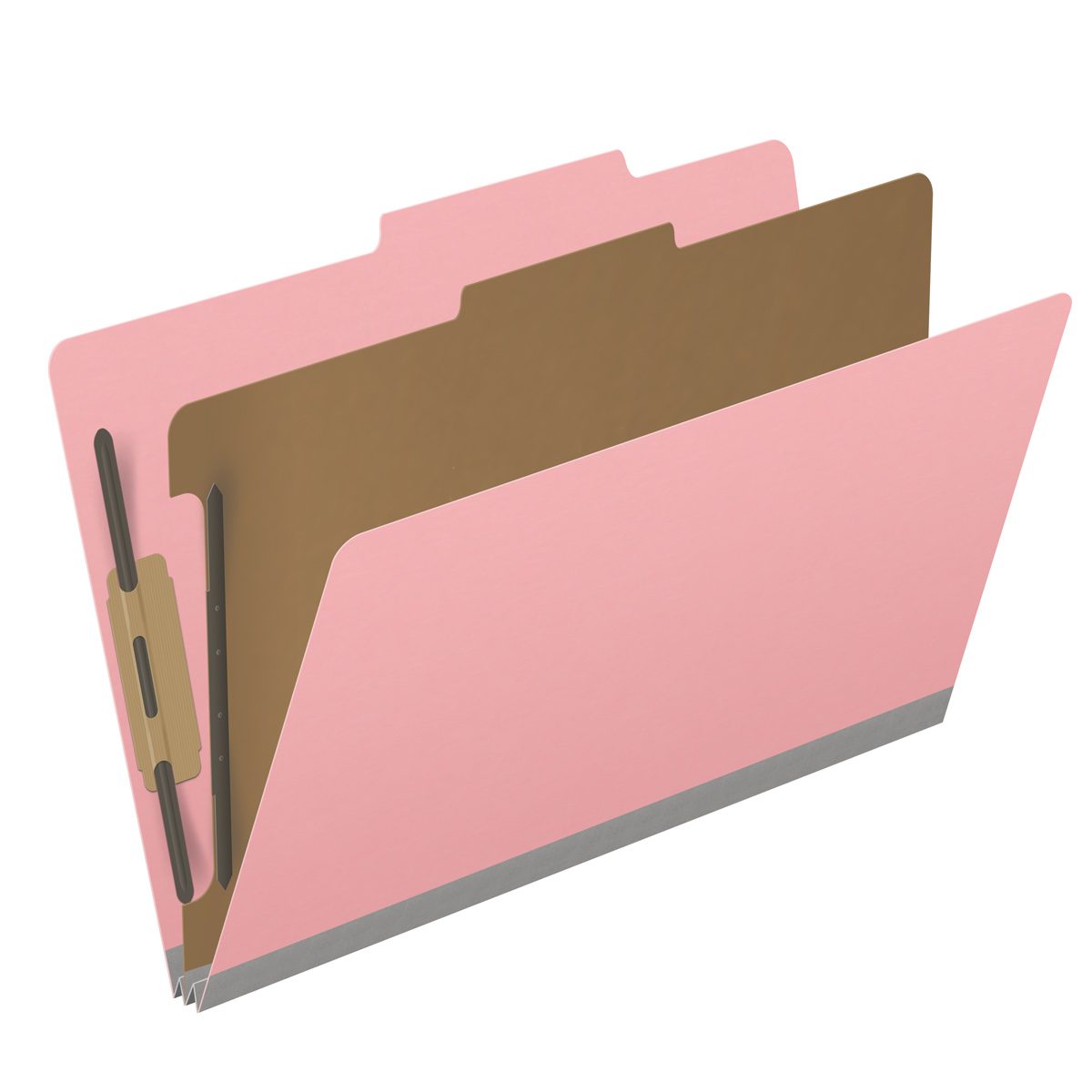 Pink legal size top tab classification folder with 2" gray tyvek expansion, with 2" bonded fasteners on inside front and inside back and 1" duo fastener on divider. 18 pt. paper stock and 17 pt brown kraft dividers. Packaged 10/50.
