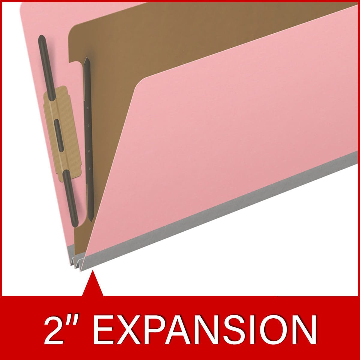 Pink legal size top tab classification folder with 2" gray tyvek expansion, with 2" bonded fasteners on inside front and inside back and 1" duo fastener on divider. 18 pt. paper stock and 17 pt brown kraft dividers. Packaged 10/50.