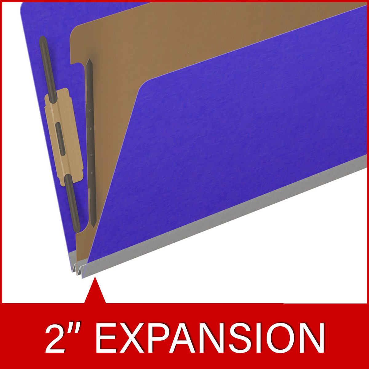 Purple legal size top tab classification folder with 2" gray tyvek expansion, with 2" bonded fasteners on inside front and inside back and 1" duo fastener on divider. 18 pt. paper stock and 17 pt brown kraft dividers. Packaged 10/50.