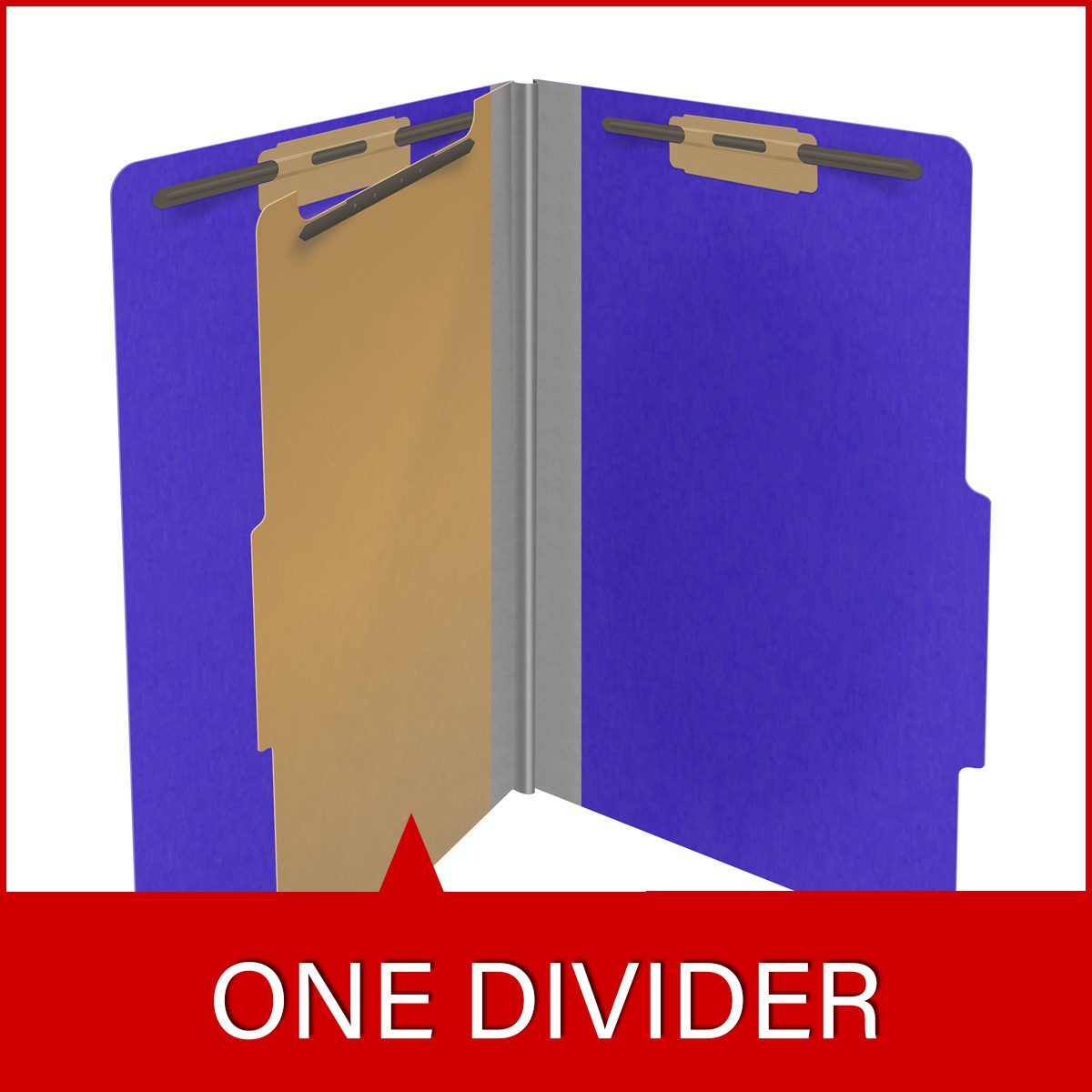 Purple legal size top tab classification folder with 2" gray tyvek expansion, with 2" bonded fasteners on inside front and inside back and 1" duo fastener on divider. 18 pt. paper stock and 17 pt brown kraft dividers. Packaged 10/50.