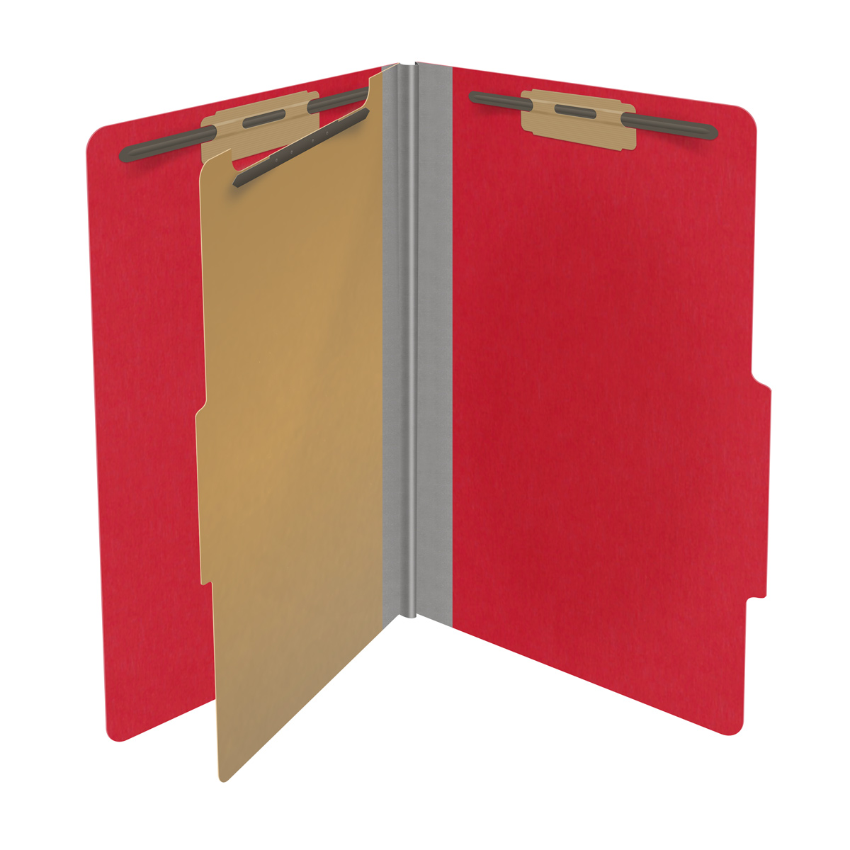 Red legal size top tab classification folder with 2" gray tyvek expansion, with 2" bonded fasteners on inside front and inside back and 1" duo fastener on divider. 18 pt. paper stock and 17 pt brown kraft dividers. Packaged 10/50.
