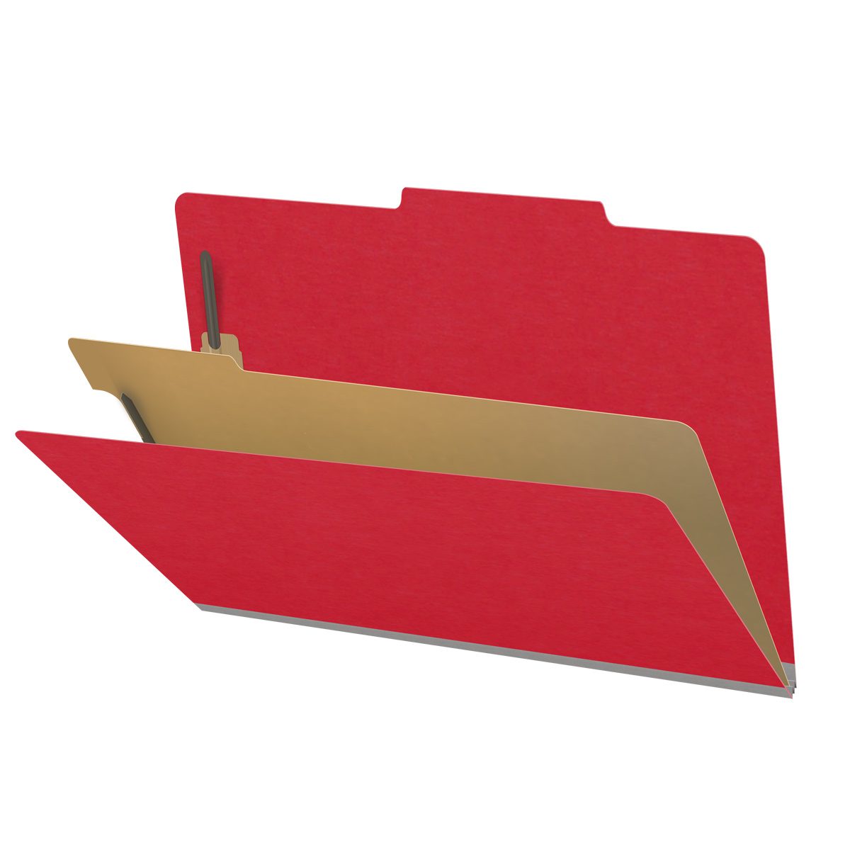 Red legal size top tab classification folder with 2" gray tyvek expansion, with 2" bonded fasteners on inside front and inside back and 1" duo fastener on divider. 18 pt. paper stock and 17 pt brown kraft dividers, 10/Box