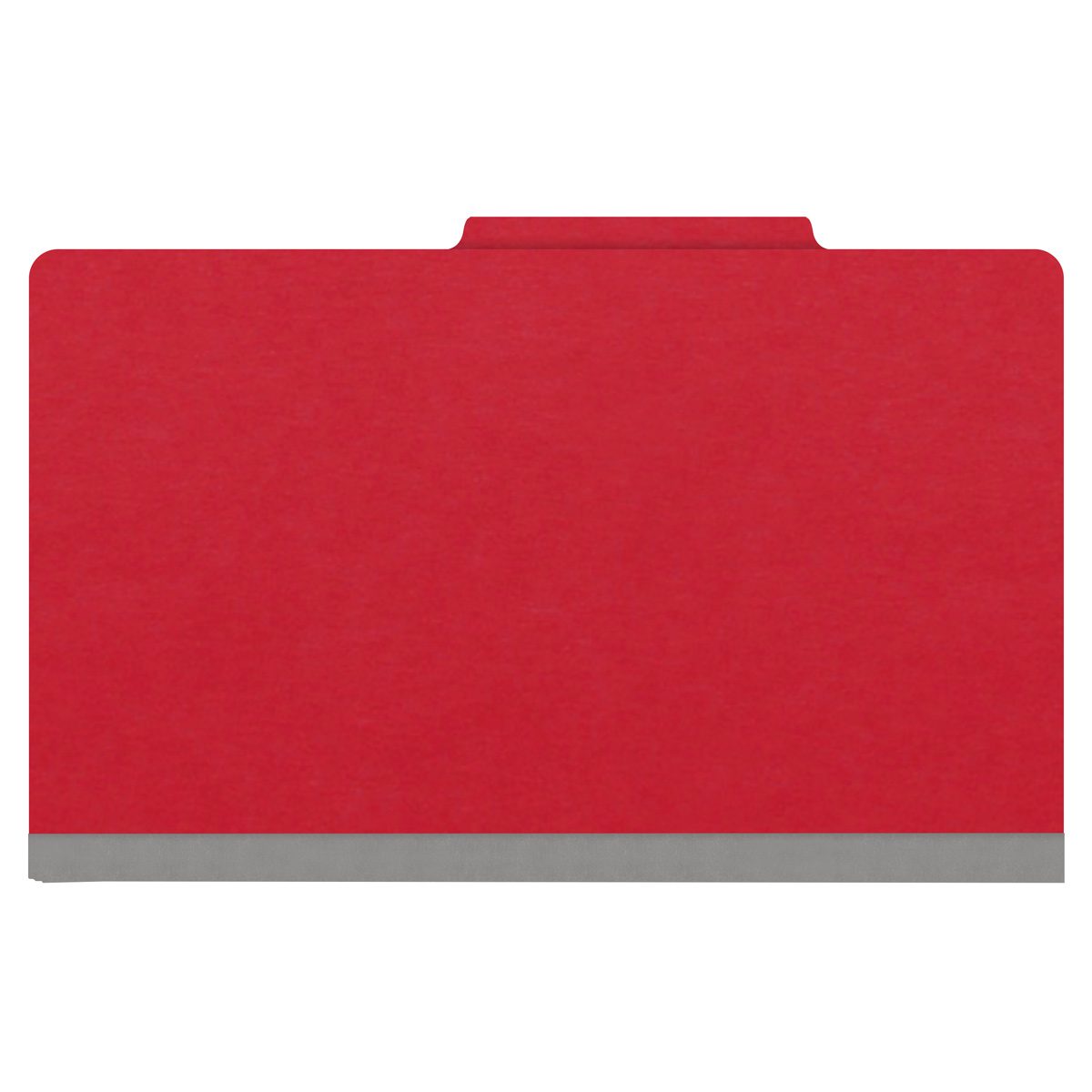 Red legal size top tab classification folder with 2" gray tyvek expansion, with 2" bonded fasteners on inside front and inside back and 1" duo fastener on divider. 18 pt. paper stock and 17 pt brown kraft dividers. Packaged 10/50.
