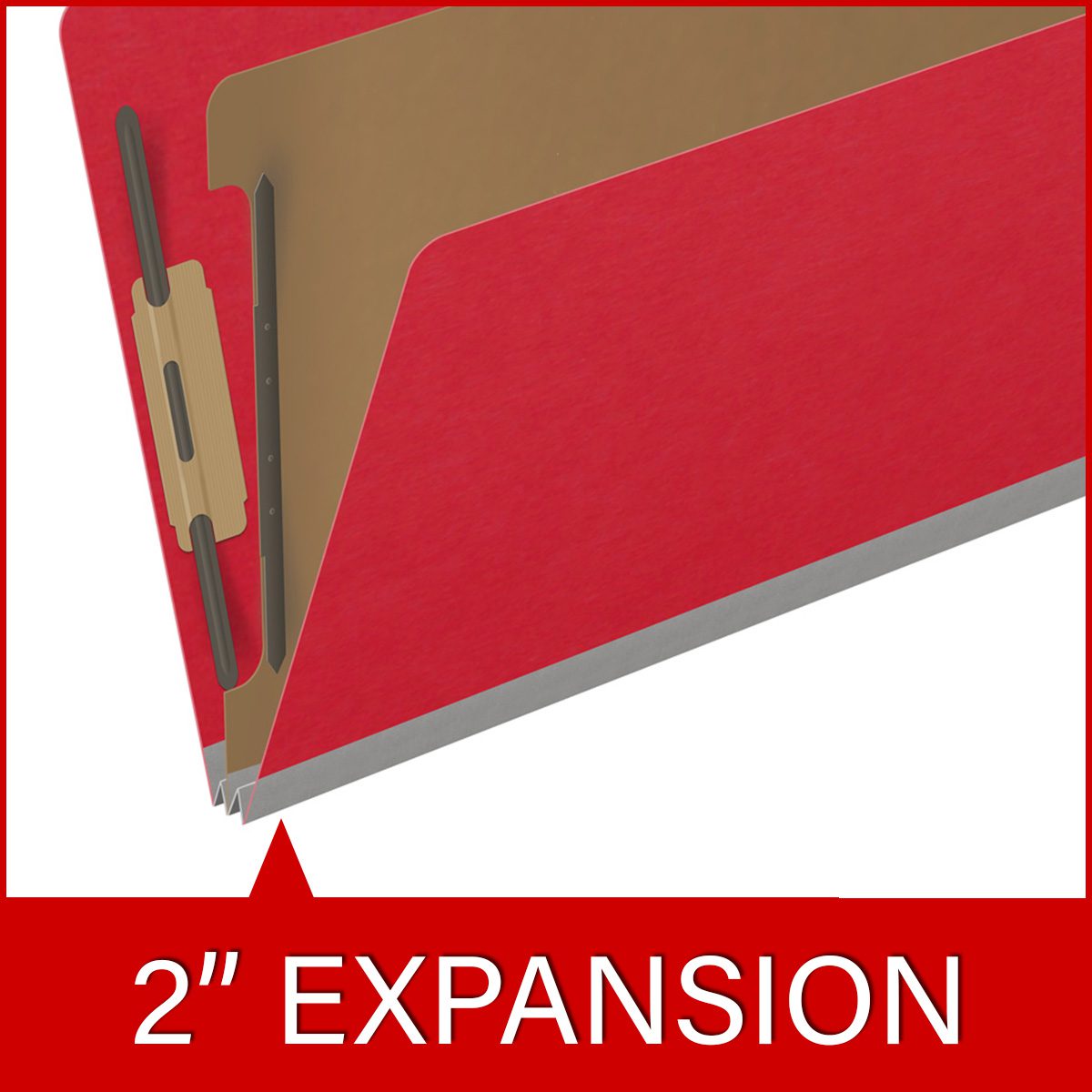 Red legal size top tab classification folder with 2" gray tyvek expansion, with 2" bonded fasteners on inside front and inside back and 1" duo fastener on divider. 18 pt. paper stock and 17 pt brown kraft dividers, 10/Box