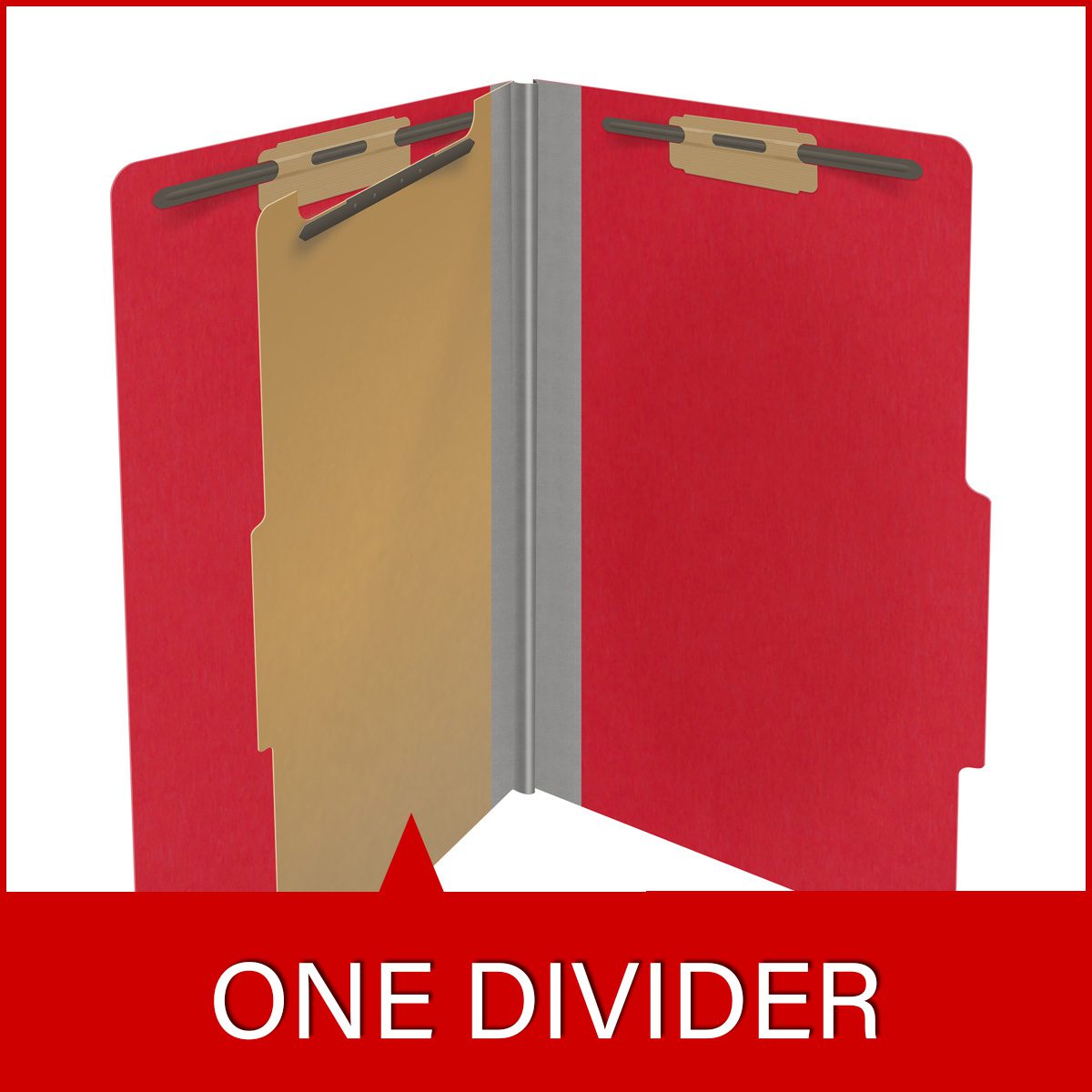 Red legal size top tab classification folder with 2" gray tyvek expansion, with 2" bonded fasteners on inside front and inside back and 1" duo fastener on divider. 18 pt. paper stock and 17 pt brown kraft dividers. Packaged 10/50.