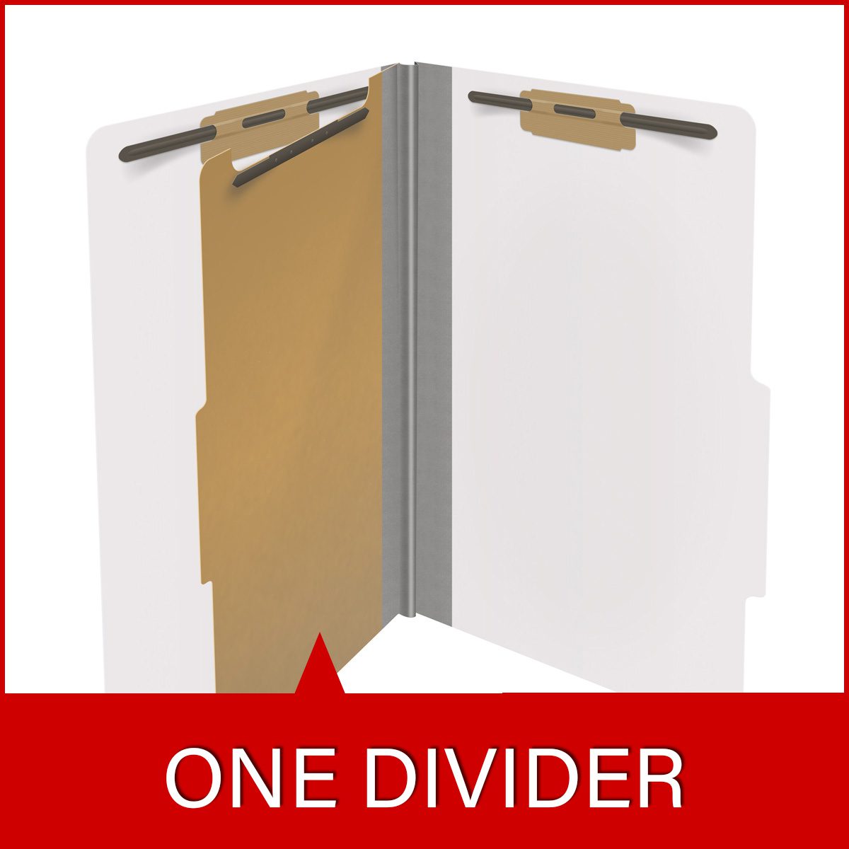 White legal size top tab classification folder with 2" gray tyvek expansion, with 2" bonded fasteners on inside front and inside back and 1" duo fastener on divider. 18 pt. paper stock and 17 pt brown kraft dividers. Packaged 10/50.
