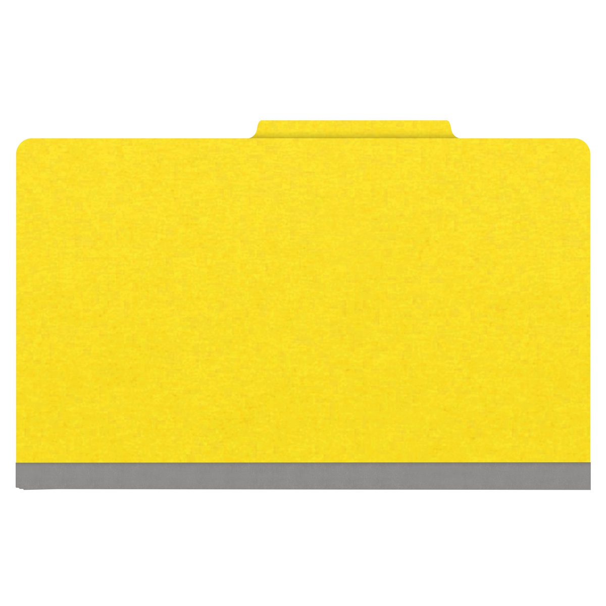 Yellow legal size top tab classification folder with 2" gray tyvek expansion, with 2" bonded fasteners on inside front and inside back and 1" duo fastener on divider. 18 pt. paper stock and 17 pt brown kraft dividers, 10/Box