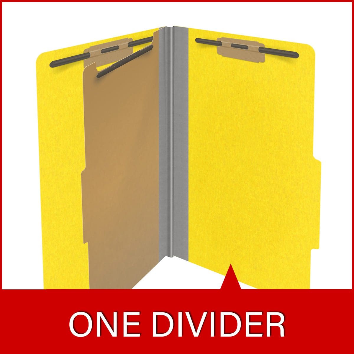 Yellow legal size top tab classification folder with 2" gray tyvek expansion, with 2" bonded fasteners on inside front and inside back and 1" duo fastener on divider. 18 pt. paper stock and 17 pt brown kraft dividers. Packaged 10/50.