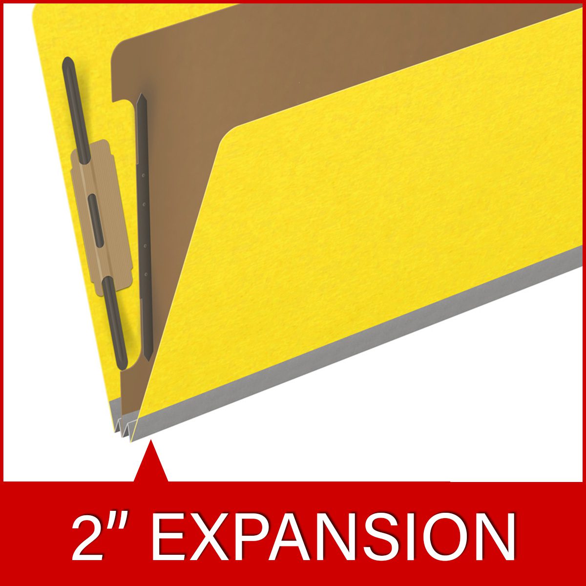 Yellow legal size top tab classification folder with 2" gray tyvek expansion, with 2" bonded fasteners on inside front and inside back and 1" duo fastener on divider. 18 pt. paper stock and 17 pt brown kraft dividers. Packaged 10/50.