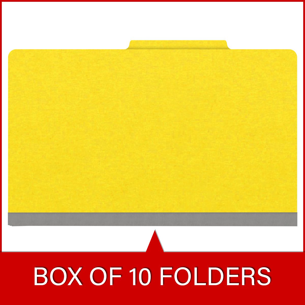 Yellow legal size top tab classification folder with 2" gray tyvek expansion, with 2" bonded fasteners on inside front and inside back and 1" duo fastener on divider. 18 pt. paper stock and 17 pt brown kraft dividers. Packaged 10/50.