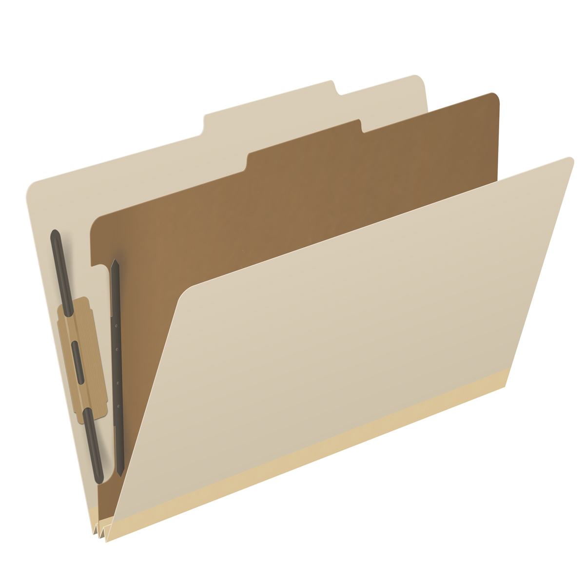 Manila legal size top tab one divider classification folder with 2" gray tyvek expansion, with 2" bonded fasteners on inside front and inside back and 1" duo fastener on divider. 18 pt manila stock, 10/Box