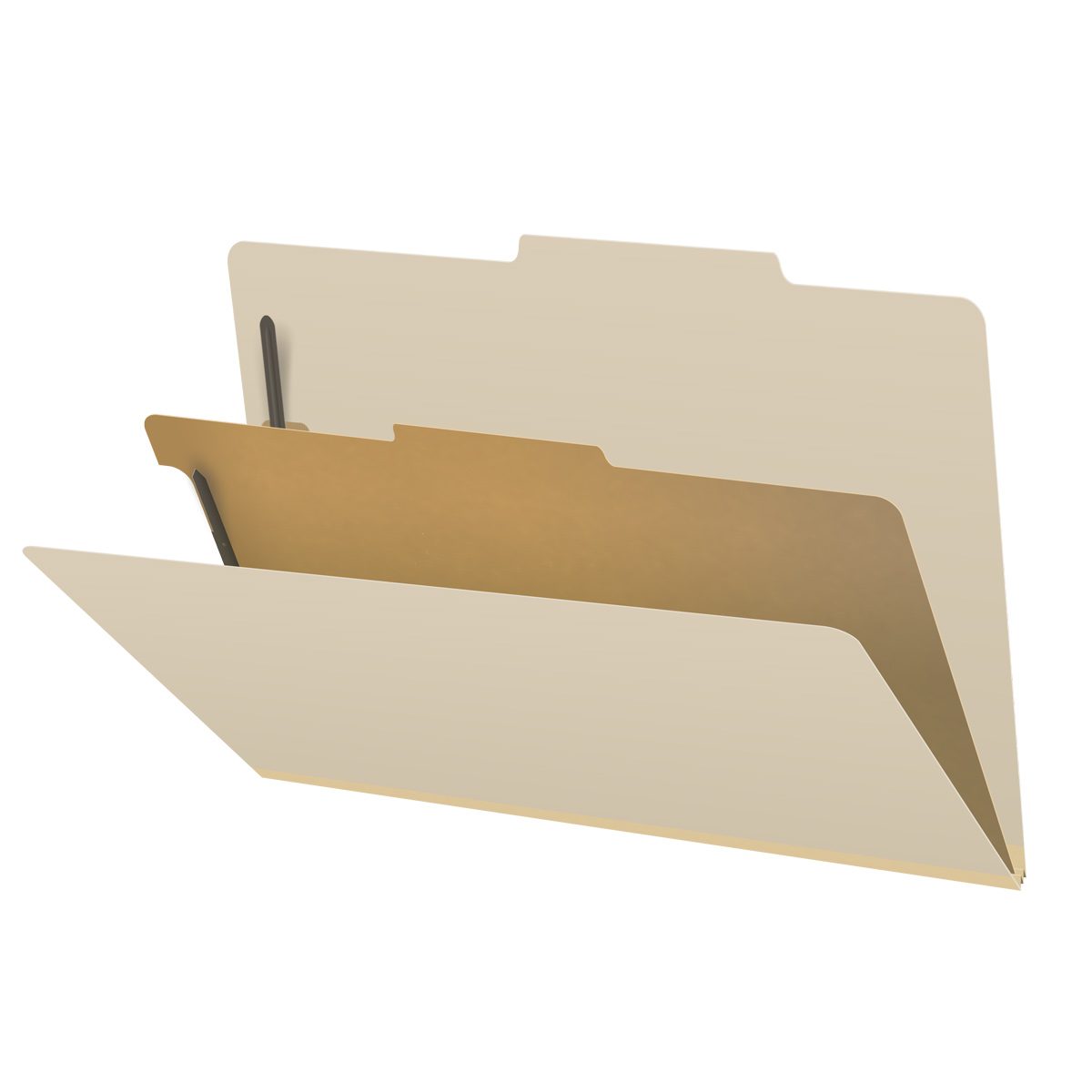 Manila legal size top tab one divider classification folder with 2" gray tyvek expansion, with 2" bonded fasteners on inside front and inside back and 1" duo fastener on divider. 18 pt manila stock. Packaged 10/50.
