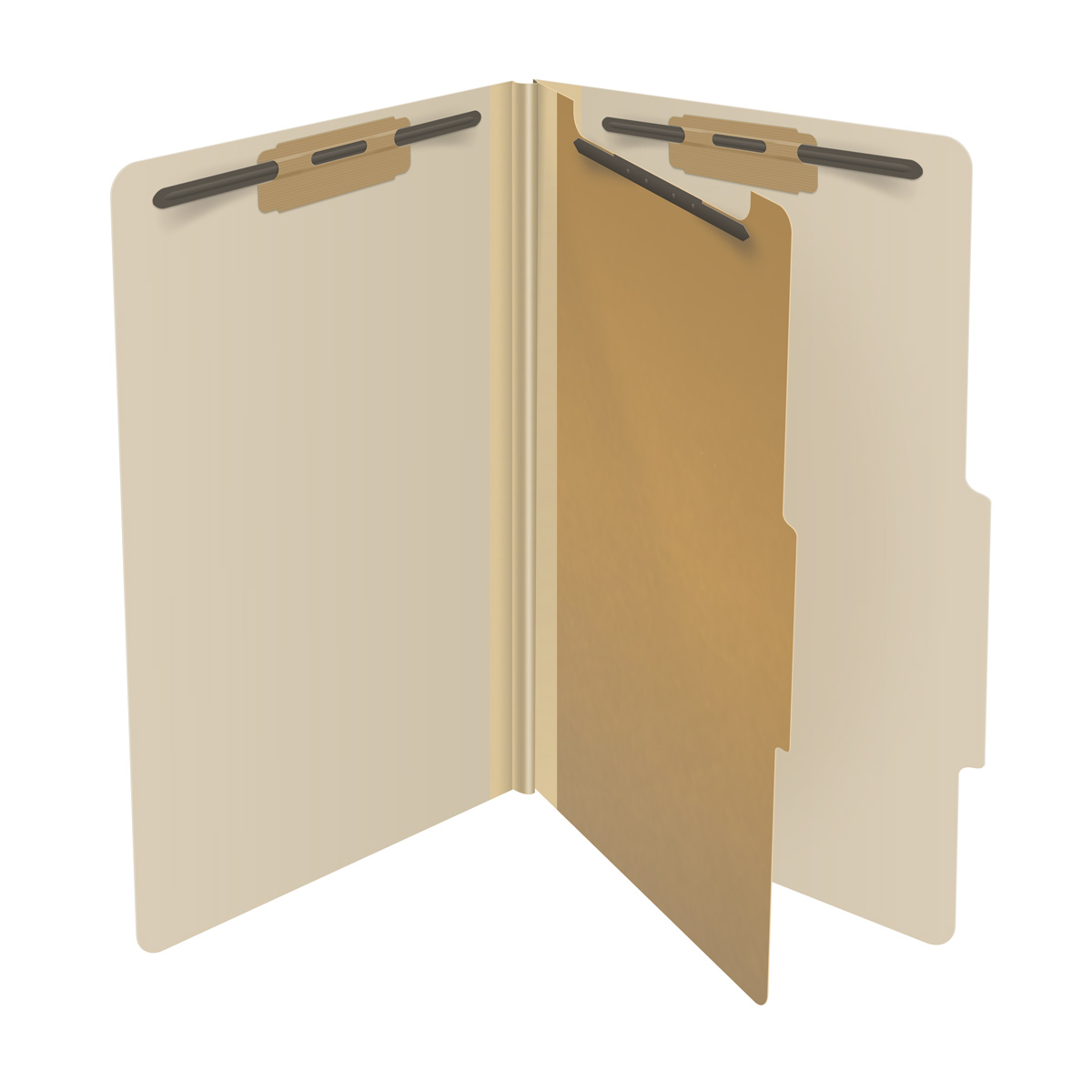 Manila legal size top tab one divider classification folder with 2" gray tyvek expansion, with 2" bonded fasteners on inside front and inside back and 1" duo fastener on divider. 18 pt manila stock. Packaged 10/50.