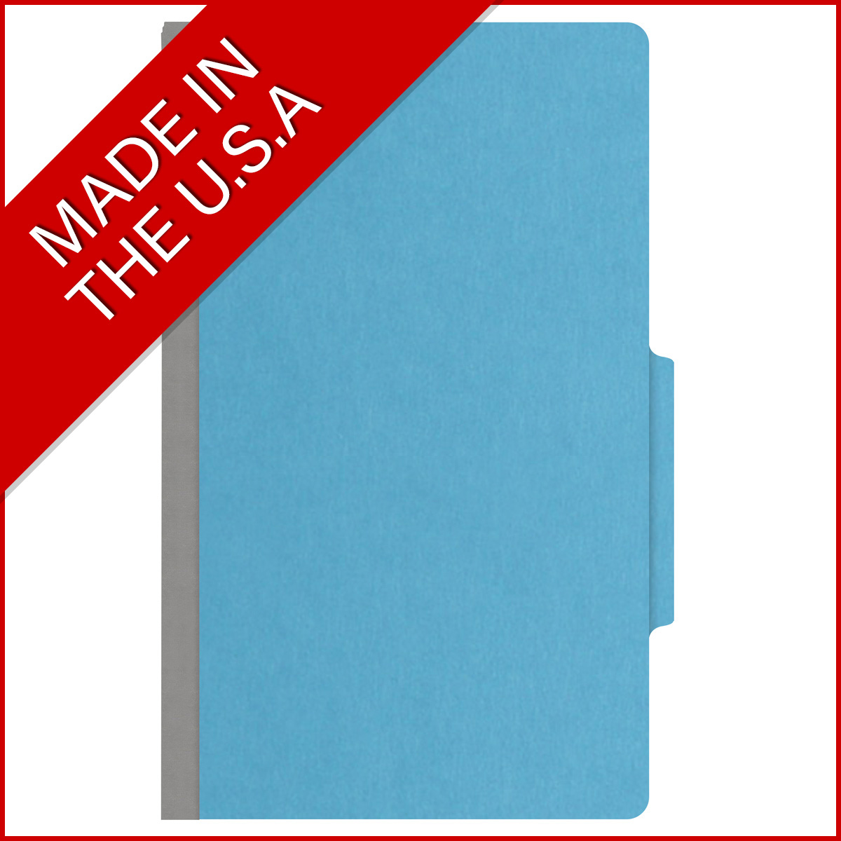 Blue legal size top tab classification folder with 2" gray tyvek expansion, with 2" bonded fasteners on inside front and inside back and 1" duo fastener on dividers. 18 pt. paper stock and 17 pt brown kraft dividers. Packaged 10/50.