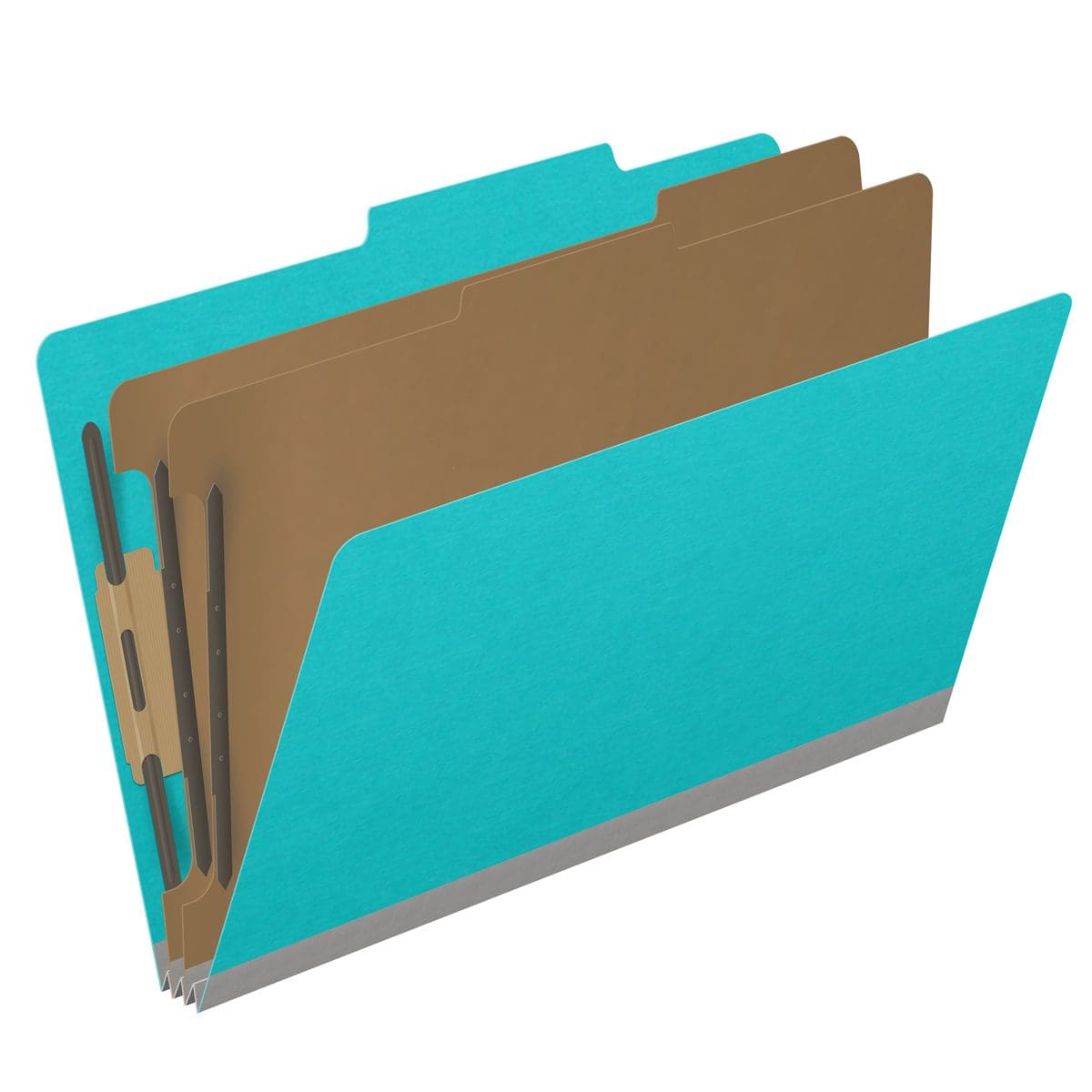 Light blue legal size top tab classification folder with 2" gray tyvek expansion, with 2" bonded fasteners on inside front and inside back and 1" duo fastener on dividers. 18 pt. paper stock and 17 pt brown kraft dividers. Packaged 10/50.