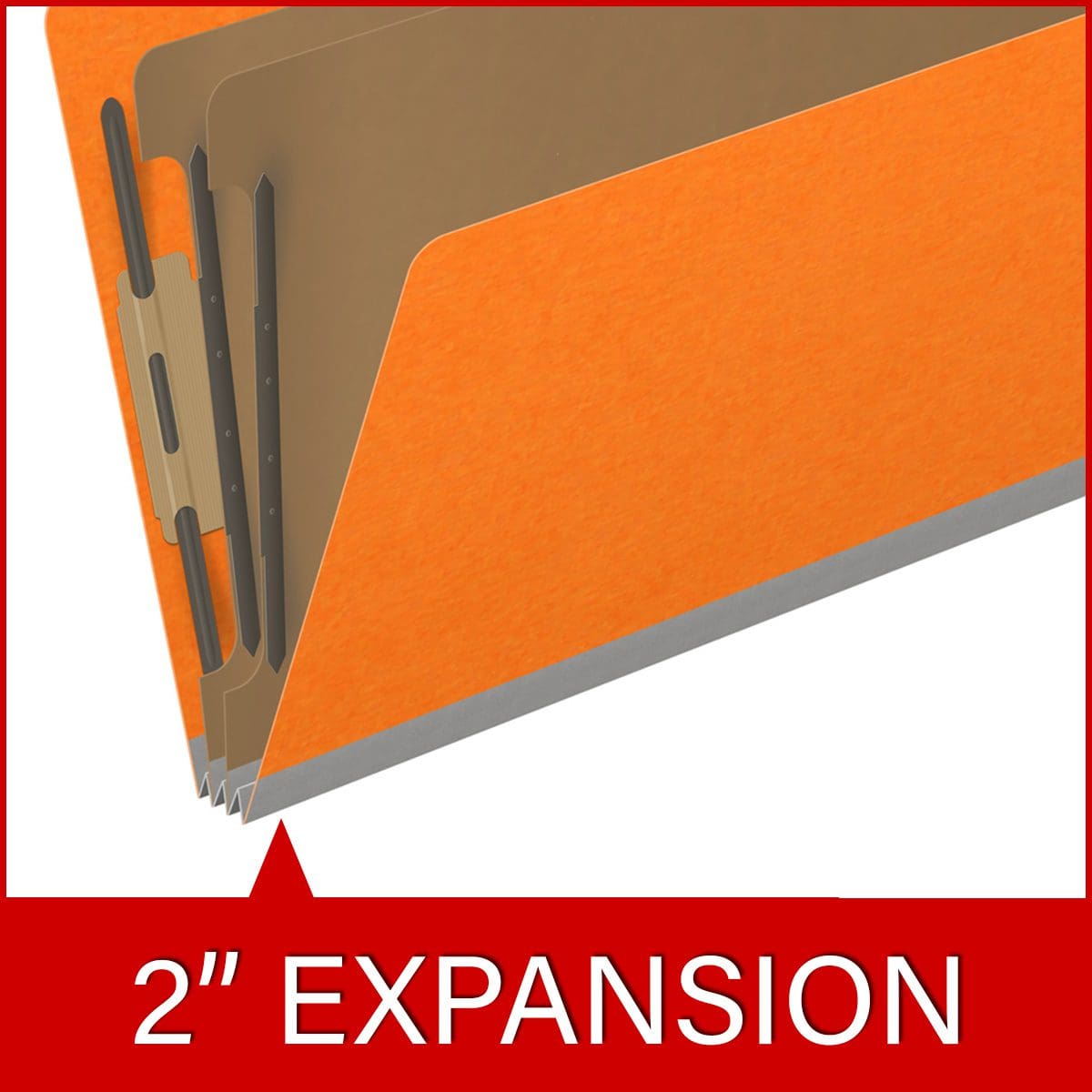 Orange legal size top tab classification folder with 2" gray tyvek expansion, with 2" bonded fasteners on inside front and inside back and 1" duo fastener on dividers. 18 pt. paper stock and 17 pt brown kraft dividers. Packaged 10/50.