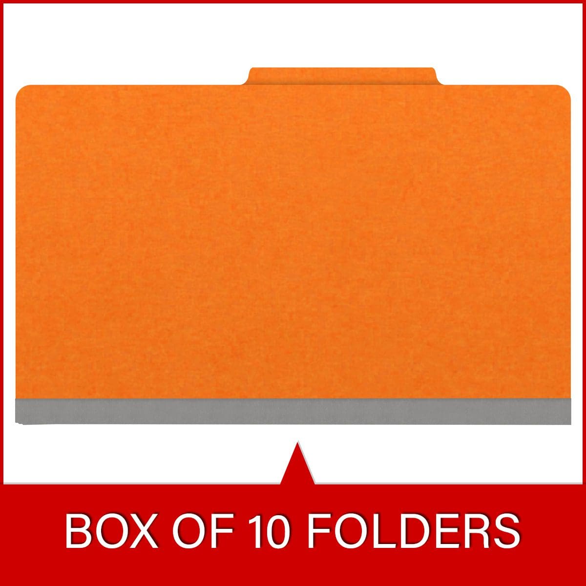 Orange legal size top tab classification folder with 2" gray tyvek expansion, with 2" bonded fasteners on inside front and inside back and 1" duo fastener on dividers. 18 pt. paper stock and 17 pt brown kraft dividers, 10/Box