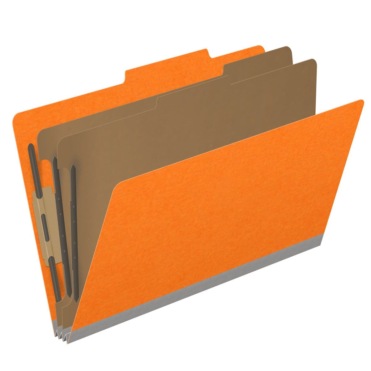 Orange legal size top tab classification folder with 2" gray tyvek expansion, with 2" bonded fasteners on inside front and inside back and 1" duo fastener on dividers. 18 pt. paper stock and 17 pt brown kraft dividers. Packaged 10/50.