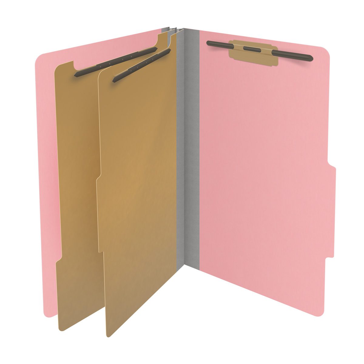 Pink legal size top tab classification folder with 2" gray tyvek expansion, with 2" bonded fasteners on inside front and inside back and 1" duo fastener on dividers. 18 pt. paper stock and 17 pt brown kraft dividers. Packaged 10/50.