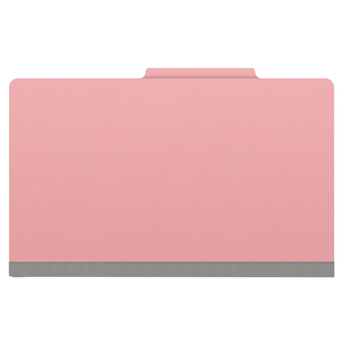 Pink legal size top tab classification folder with 2" gray tyvek expansion, with 2" bonded fasteners on inside front and inside back and 1" duo fastener on dividers. 18 pt. paper stock and 17 pt brown kraft dividers, 10/Box
