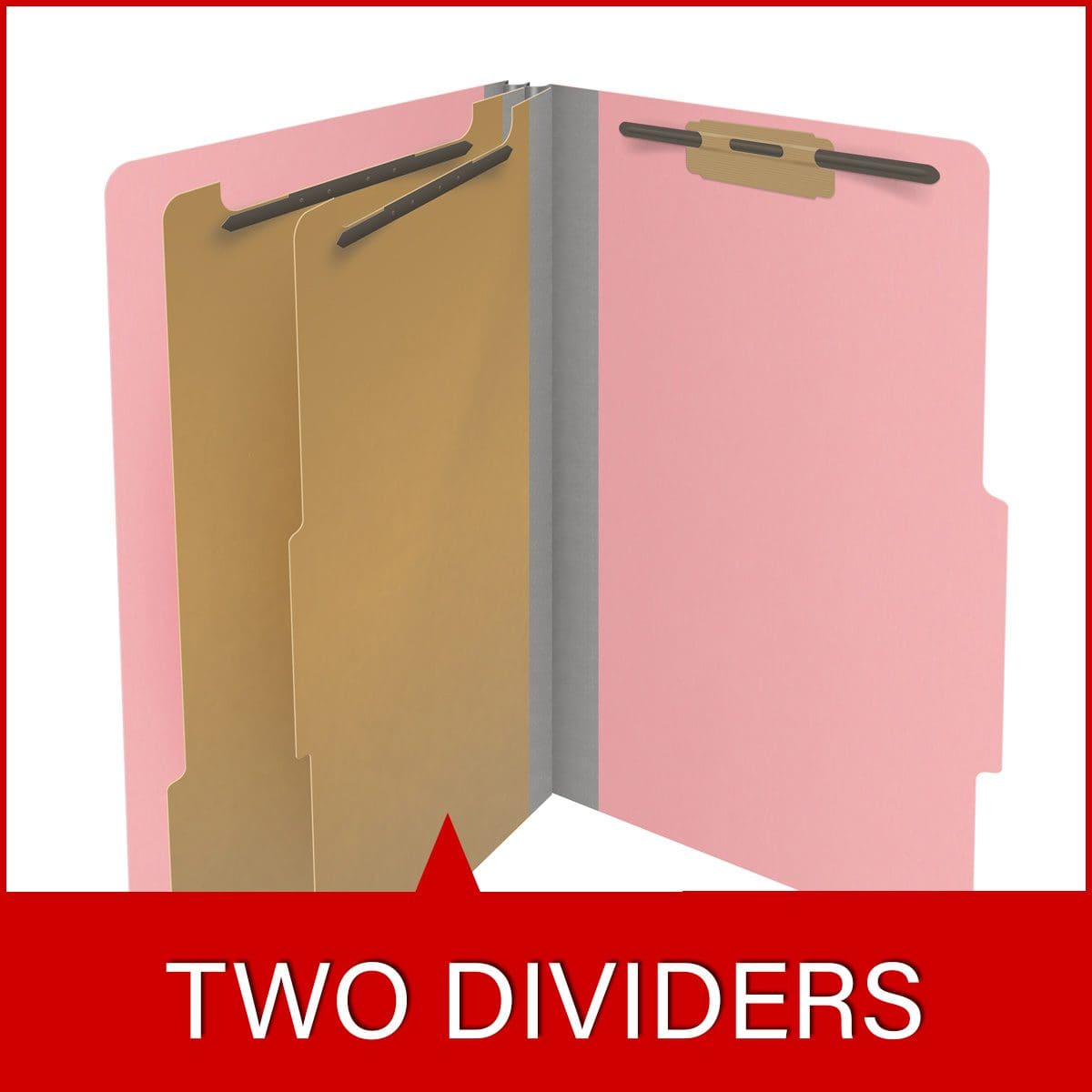Pink legal size top tab classification folder with 2" gray tyvek expansion, with 2" bonded fasteners on inside front and inside back and 1" duo fastener on dividers. 18 pt. paper stock and 17 pt brown kraft dividers. Packaged 10/50.