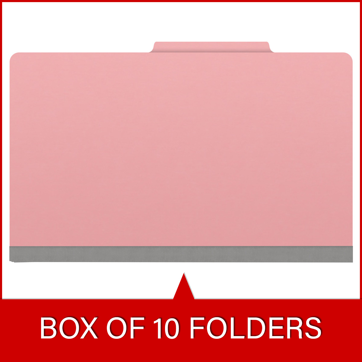Pink legal size top tab classification folder with 2" gray tyvek expansion, with 2" bonded fasteners on inside front and inside back and 1" duo fastener on dividers. 18 pt. paper stock and 17 pt brown kraft dividers. Packaged 10/50.