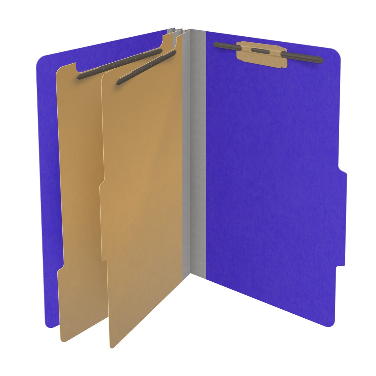 Purple legal size top tab classification folder with 2" gray tyvek expansion, with 2" bonded fasteners on inside front and inside back and 1" duo fastener on dividers. 18 pt. paper stock and 17 pt brown kraft dividers. Packaged 10/50.