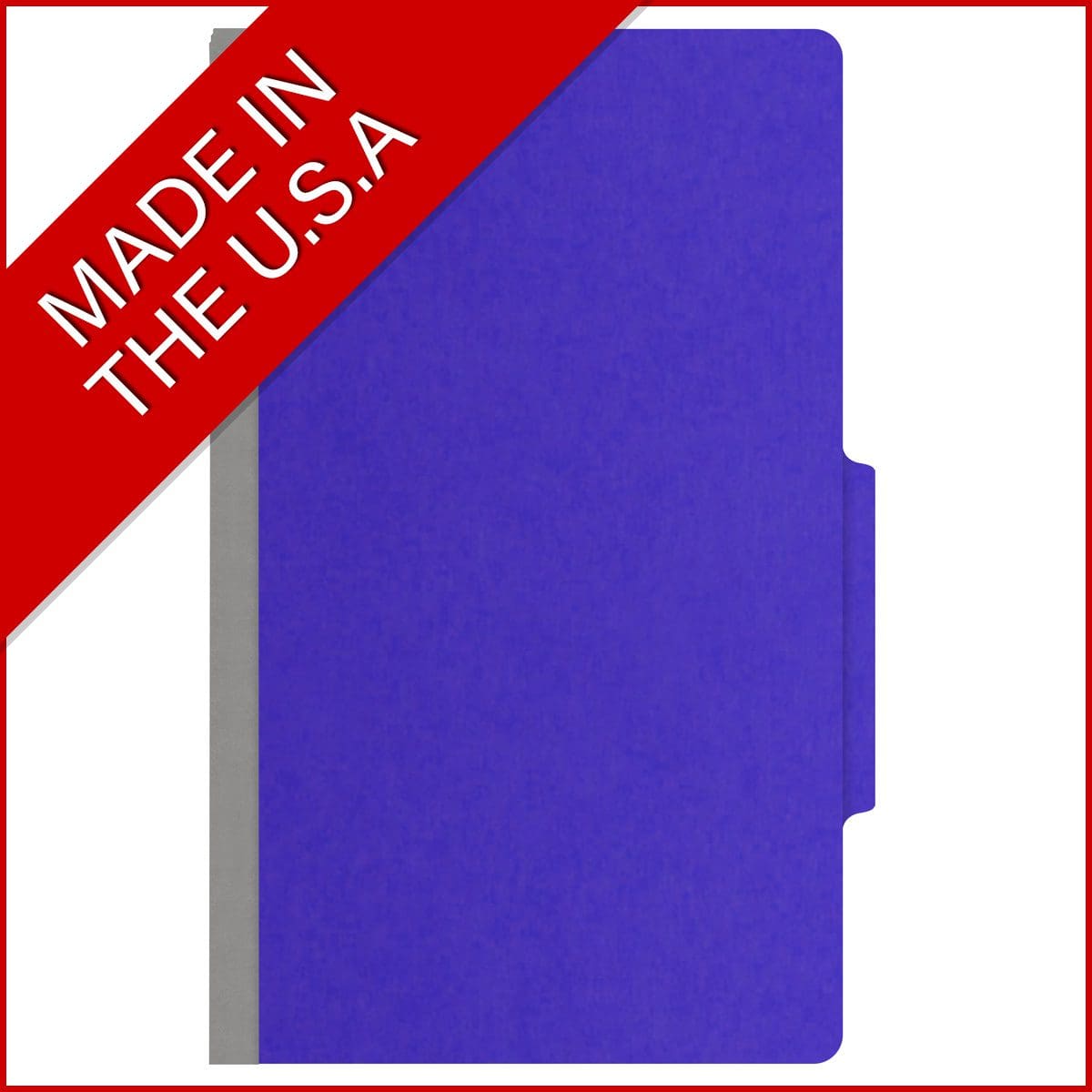 Purple legal size top tab classification folder with 2" gray tyvek expansion, with 2" bonded fasteners on inside front and inside back and 1" duo fastener on dividers. 18 pt. paper stock and 17 pt brown kraft dividers. Packaged 10/50.