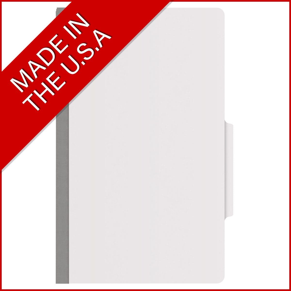 White legal size top tab classification folder with 2" gray tyvek expansion, with 2" bonded fasteners on inside front and inside back and 1" duo fastener on dividers. 18 pt. paper stock and 17 pt brown kraft dividers. Packaged 10/50.