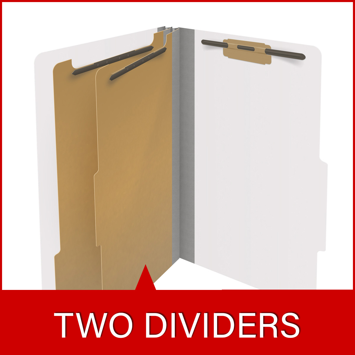White legal size top tab classification folder with 2" gray tyvek expansion, with 2" bonded fasteners on inside front and inside back and 1" duo fastener on dividers. 18 pt. paper stock and 17 pt brown kraft dividers, 10/Box